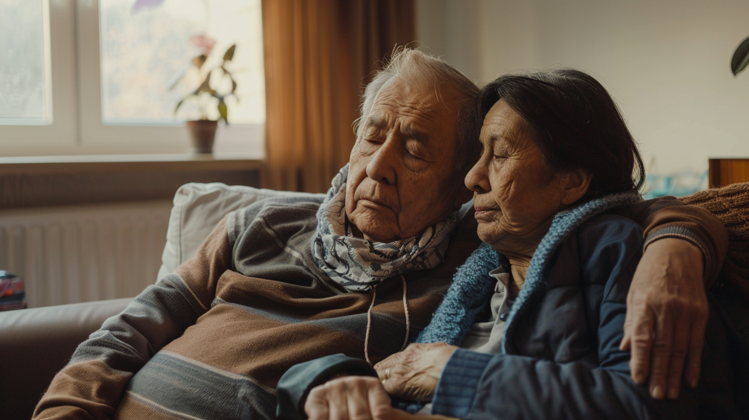 Family caregiver showing signs of caregiver burnout while caring for an elderly loved one at home