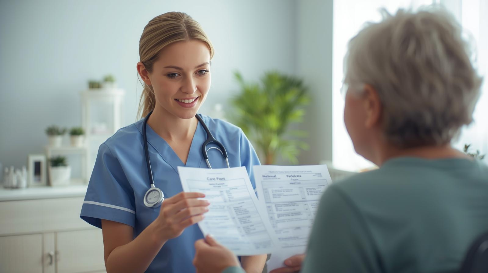 Nurse reviewing medication list and care plan with a client