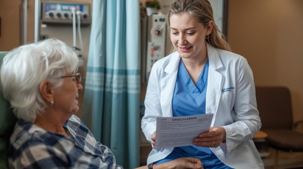 Senior patient being discharged from the hospital